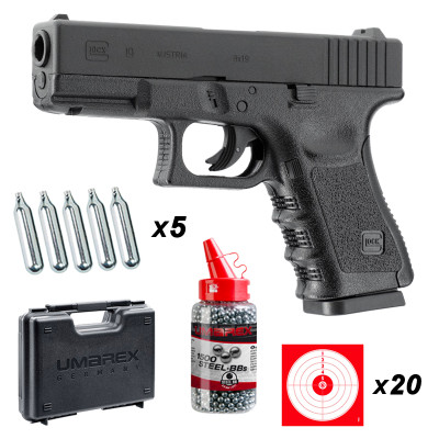 Pack pistolet Glock 19 BBS billes acier cal. 4.5mm C02 3 joules
