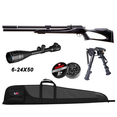 Pack carabine à plombs PCP Snowpeak M25 19.9 joules cal. 5.5mm + lunette de visée 6-24x50 + fourreau Umarex